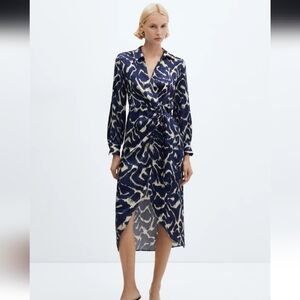 NWT Mango Blue White Abstract True Wrap V-neck Collared Long Sleeve Midi Dress